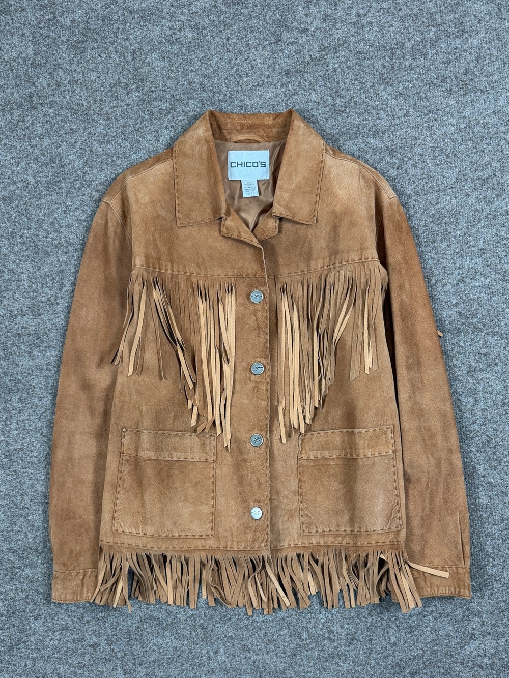 Vintage Tan Suede Leather Western Fringe Jacket Women’s 1 Small Button Front Y2K - Picture 2 of 8